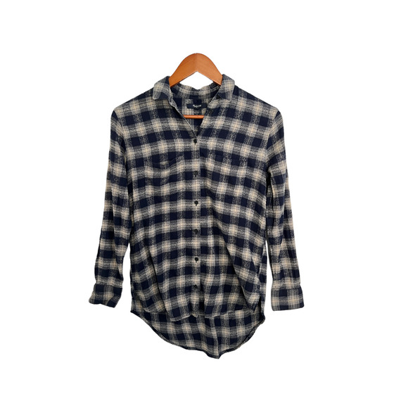 MADEWELL Blue/Cream Oversized Boy Shirt Button Down Andover Plaid Women's SZ XS - Picture 2 of 4